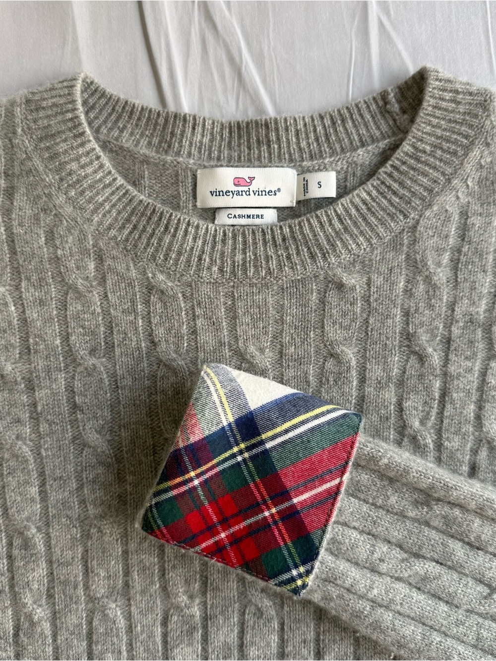 Vineyard Vines Gray Cable-Knit 100% Cashmere Crewneck with Plaid Elbow Patch